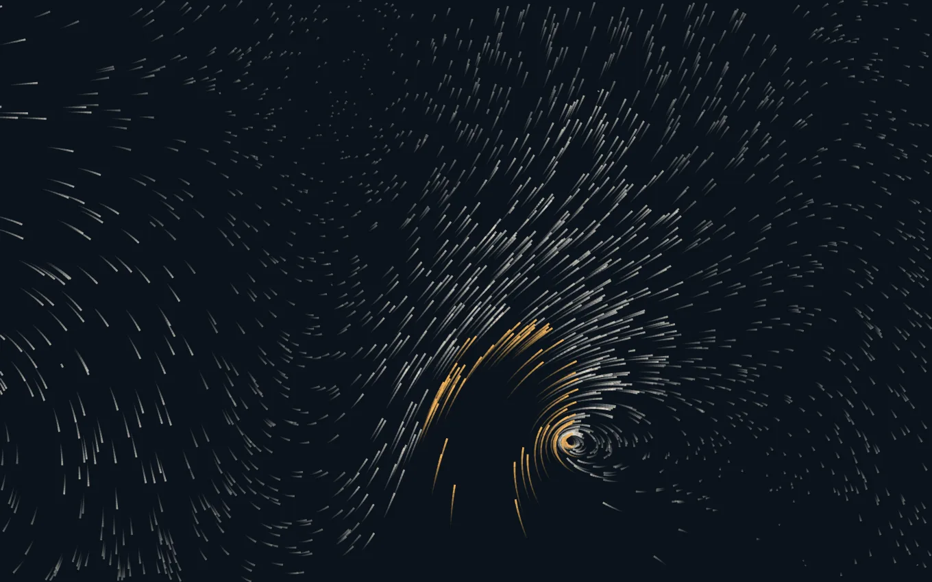 Fine streams of lamplight and ink drifting and curling along an invisible current