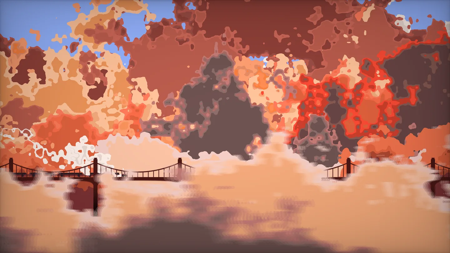 A suspension bridge sits in the lower middle of stacked orange-red clouds, with steam rising from a locomotive.