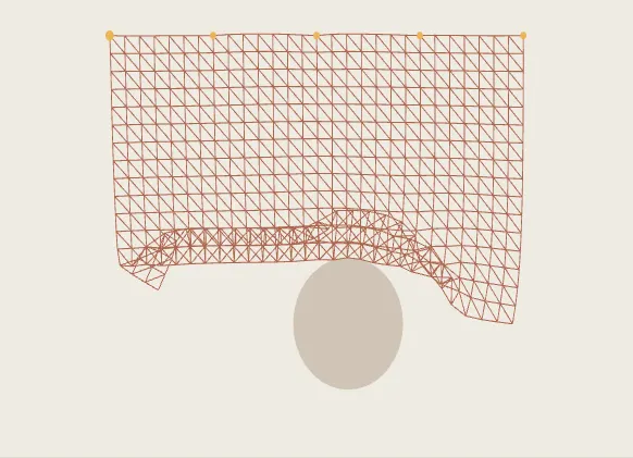 A pinned cloth mesh above a spherical obstacle.