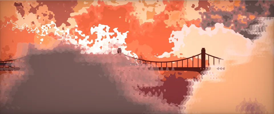 A suspension bridge sits in the lower middle of stacked orange-red clouds, with steam rising from a locomotive.