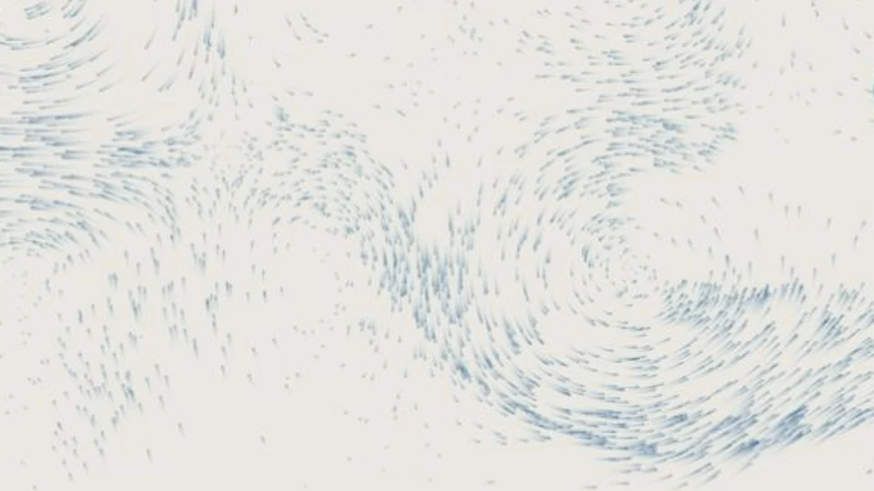 Blue particles tracing curved flow lines with continuous trails.