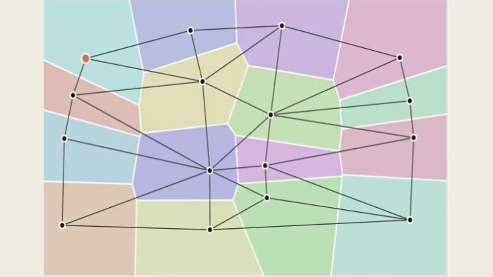 Voronoi regions and a Delaunay triangulation of sample points.