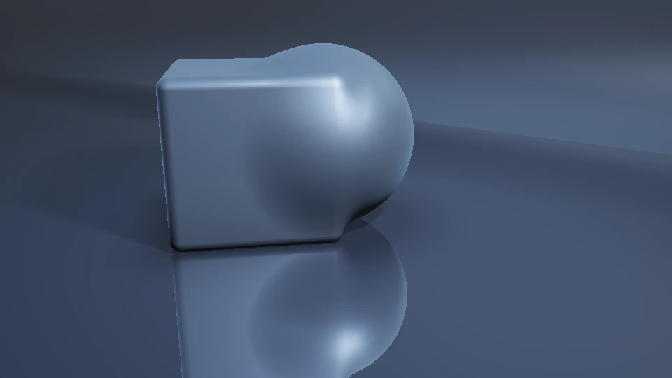 A smooth union of sphere and box in a studio cove, sitting on the floor with contact shadows and reflections.